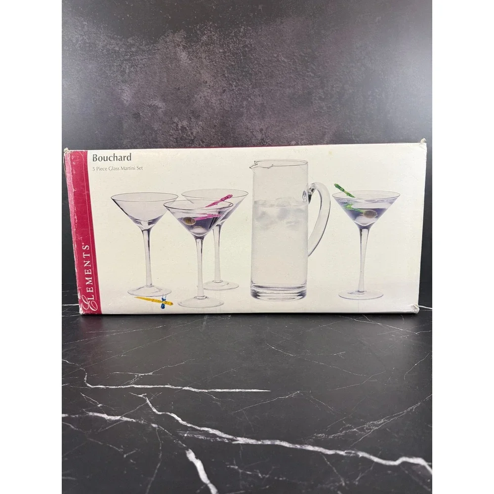 Vintage NEW in Box Bouchard 5-Piece Martini Glass and Pitcher Set MINT!